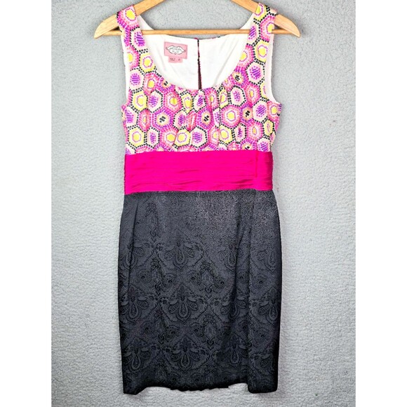 Phoebe Couture Dress 8 Silk Bodice Jacquard Skirt Sheath Black Pink Ruched Party